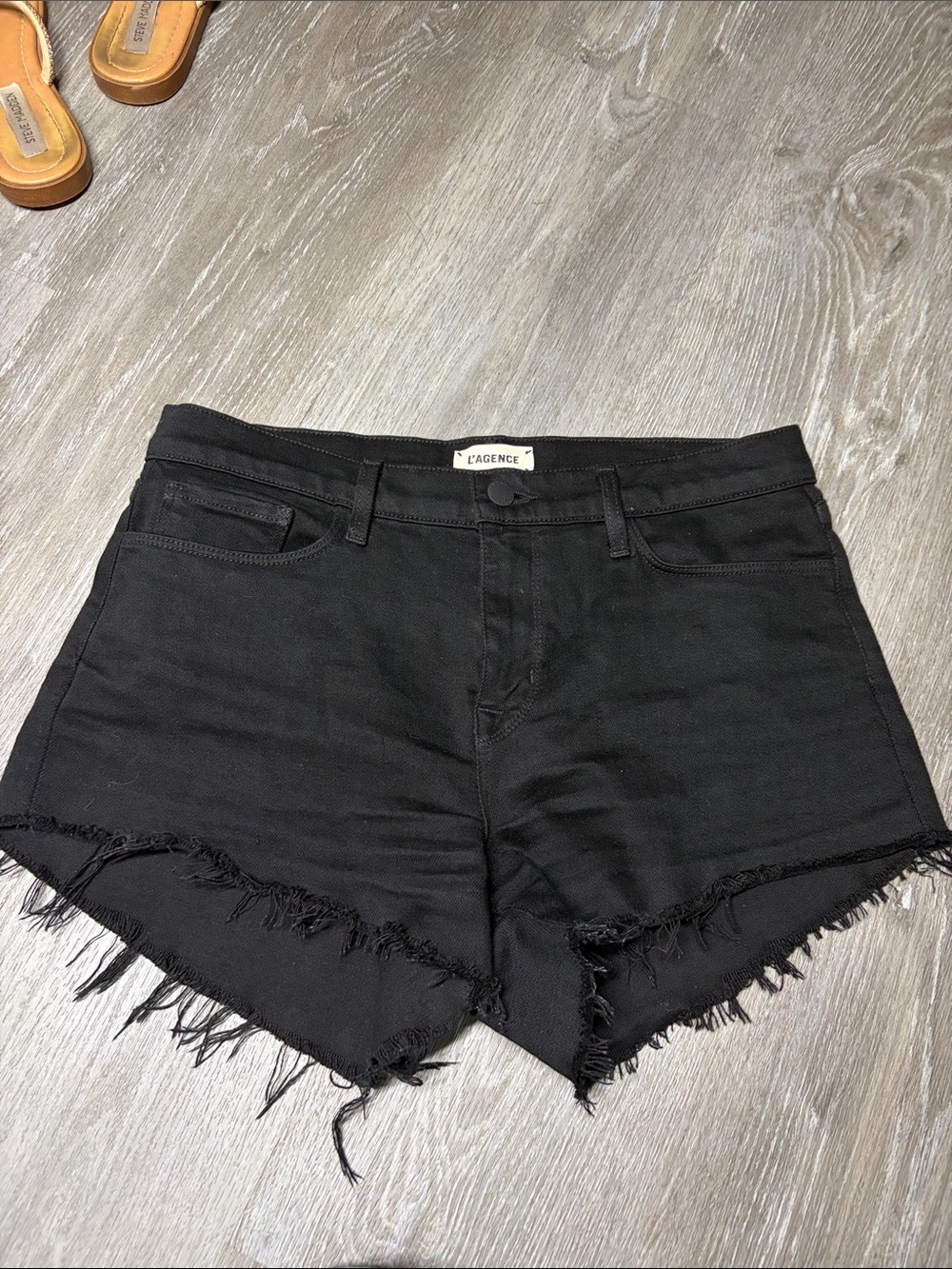 L'AGENCE Black Frayed Hem Denim Cutoff Shorts